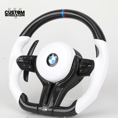 BMW Custom Carbon Fibre Steering Wheel – White Perforated Leather | M-Stripe Marker | Plug & Play | Fits older models