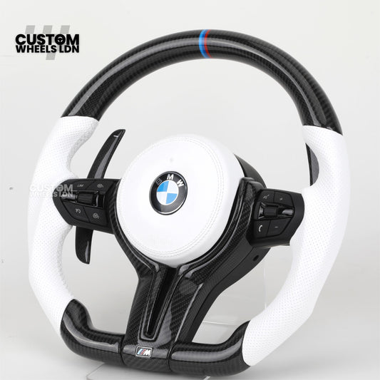 BMW Custom Carbon Fibre Steering Wheel – White Perforated Leather | M-Stripe Marker | Plug & Play | Fits older models