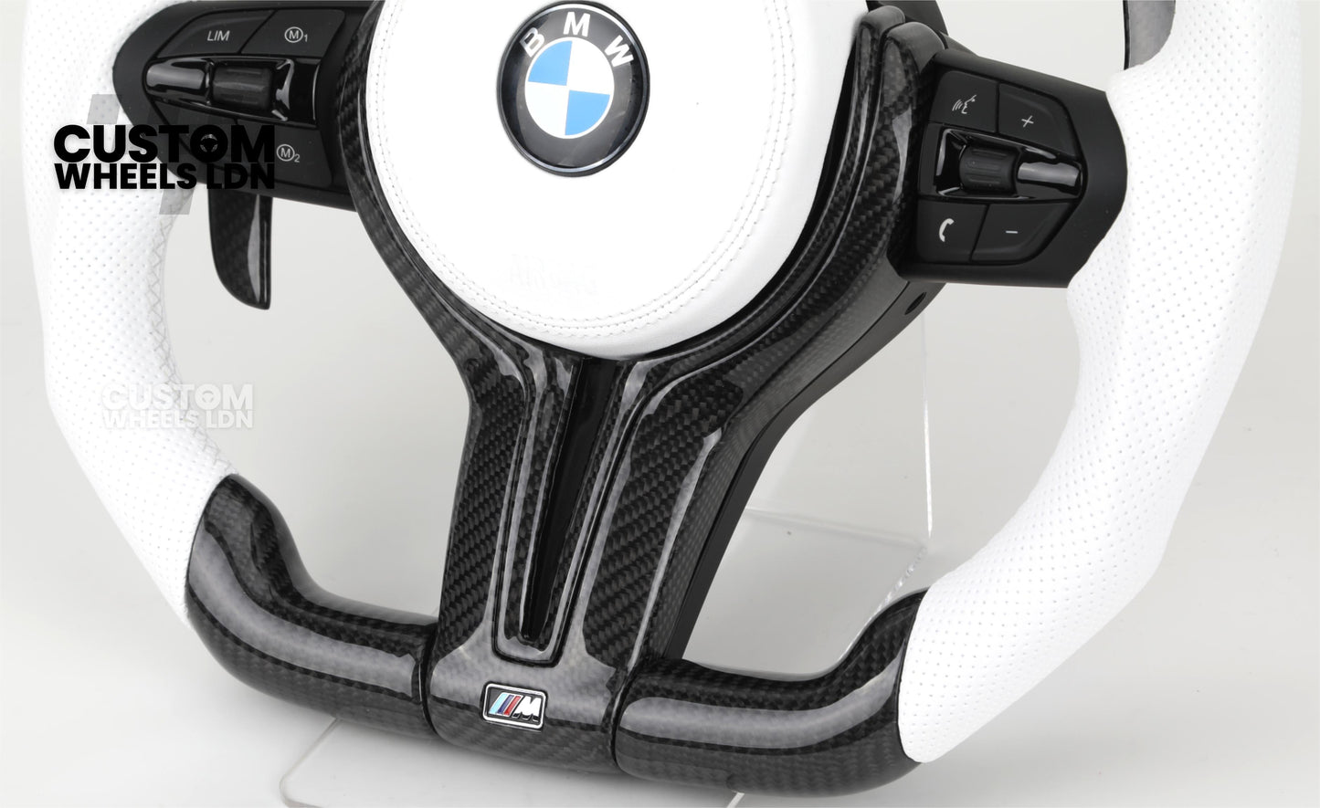 BMW Custom Carbon Fibre Steering Wheel – White Perforated Leather | M-Stripe Marker | Plug & Play | Fits older models