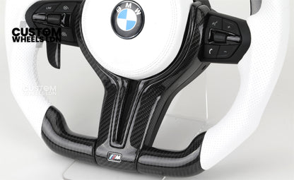 BMW Custom Carbon Fibre Steering Wheel – White Perforated Leather | M-Stripe Marker | Plug & Play | Fits older models