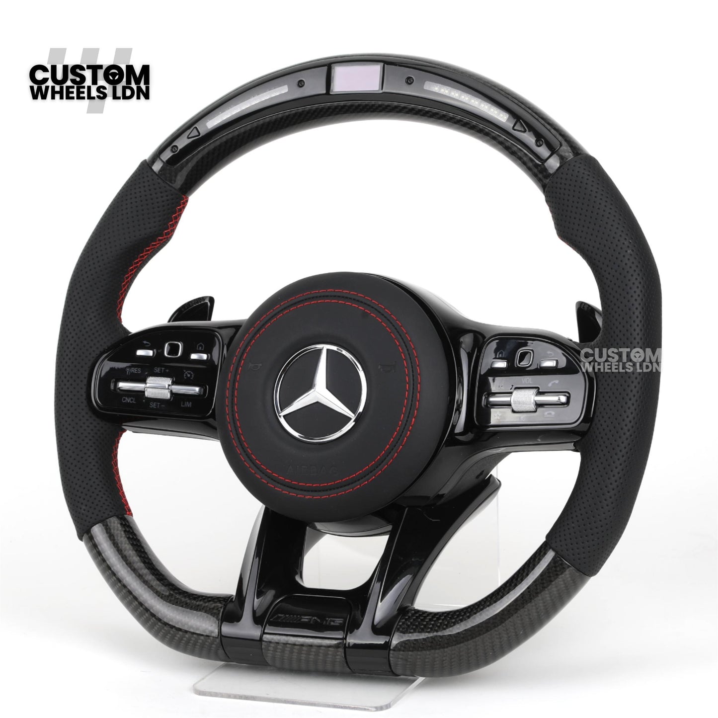 Mercedes Custom AMG Flat Bottom Steering Wheel – Perforated Leather & Gloss Carbon Fibre, LED Display, Red Stitching, Piano Black Trim, Touch Control Buttons, AMG Badge | Fits C-Class, E-Class, CLS, GLC, GLE, G-Class + more | Plug & Play | Retrofit Upgrad
