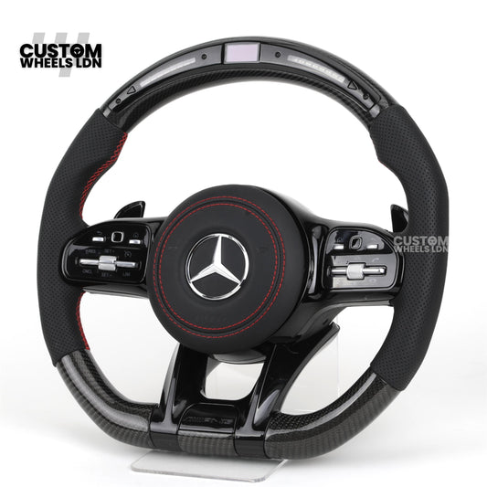 Mercedes Custom AMG Flat Bottom Steering Wheel – Perforated Leather & Gloss Carbon Fibre, LED Display, Red Stitching, Piano Black Trim, Touch Control Buttons, AMG Badge | Fits C-Class, E-Class, CLS, GLC, GLE, G-Class + more | Plug & Play | Retrofit Upgrad