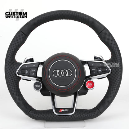 Audi Custom R8-Style Flat Bottom Steering Wheel – Perforated Leather, Red Stitching, Silver Paddles, Start Button | Fits A4, A5, S5, A6, A7, S6, S7, Q5, SQ5 + more | Plug & Play | With Airbag | Upgrade for Older Models Available