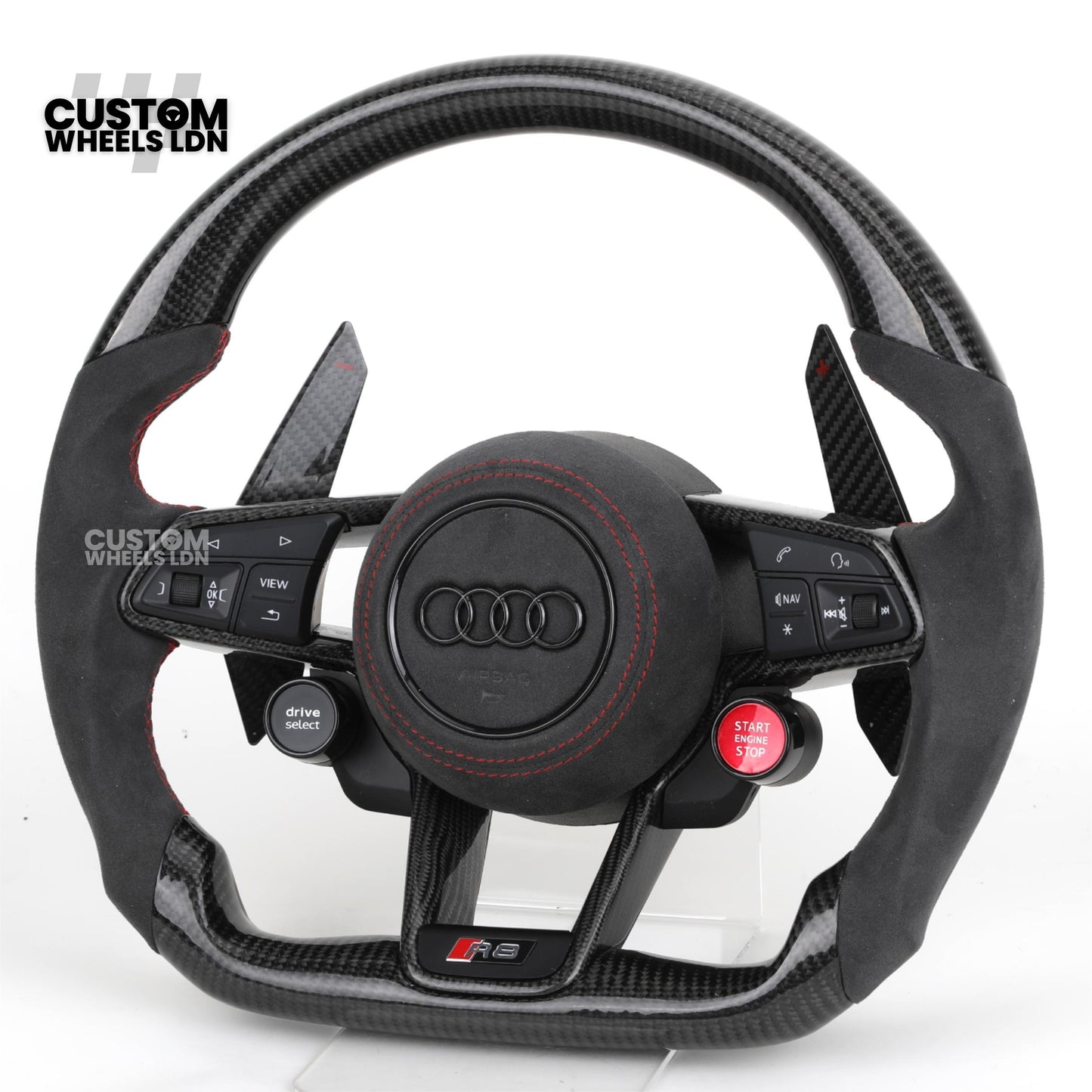 Audi Custom R8-Style Flat Bottom Steering Wheel – Alcantara Grip, Carbon Top & Bottom, Red Stitching, Carbon Paddles, Start Button | Fits A4, A5, S5, A6, A7, S6, S7, Q5, SQ5 + more | Plug & Play | With Airbag | Upgrade for Older Models Available