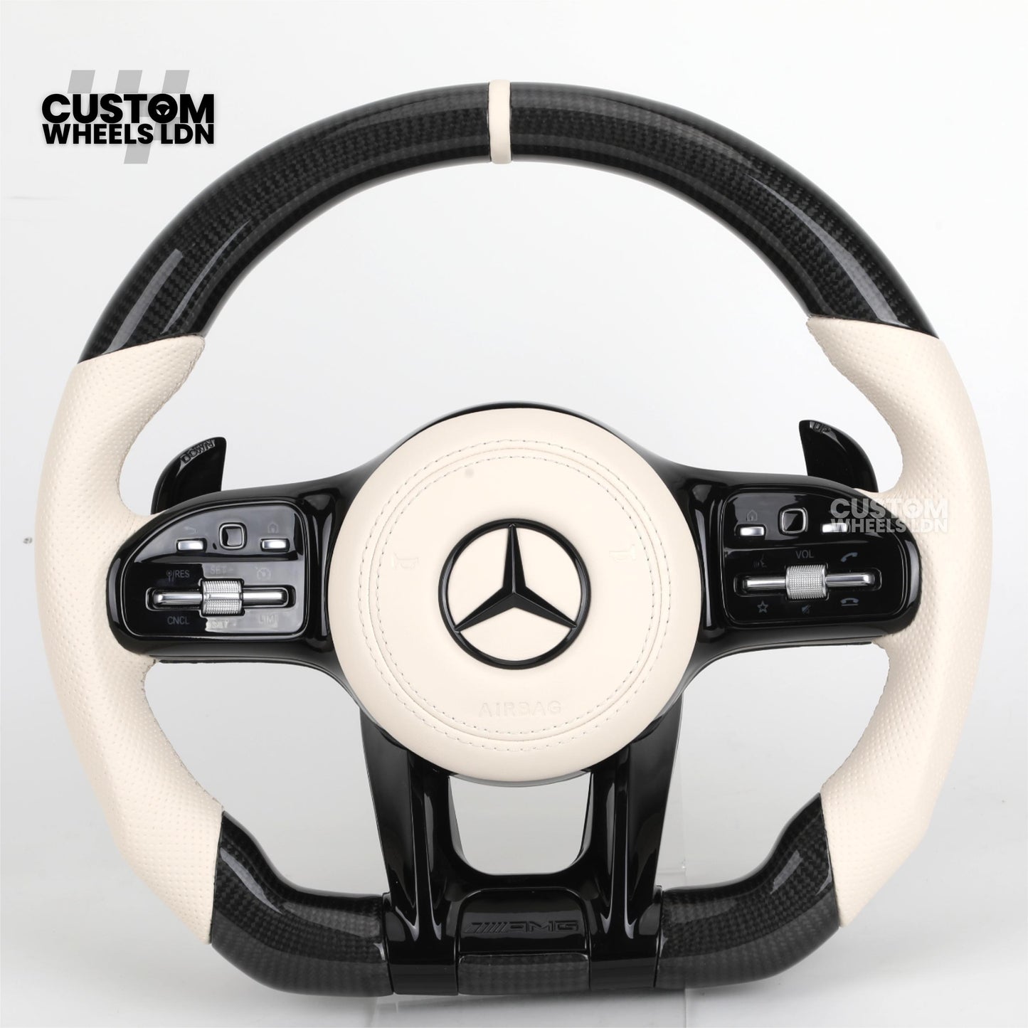Mercedes Custom Steering Wheel | Piano Black & Carbon Fibre with Full Cream Leather | AMG Style | Complete Retrofit | Fits W205 W204 W212 W213 W218 + more