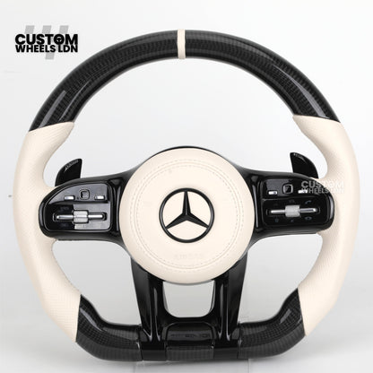 Mercedes Custom Steering Wheel | Piano Black & Carbon Fibre with Full Cream Leather | AMG Style | Complete Retrofit | Fits W205 W204 W212 W213 W218 + more