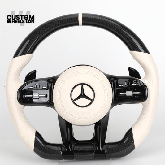 Mercedes Custom Steering Wheel | Piano Black & Carbon Fibre with Full Cream Leather | AMG Style | Complete Retrofit | Fits W205 W204 W212 W213 W218 + more