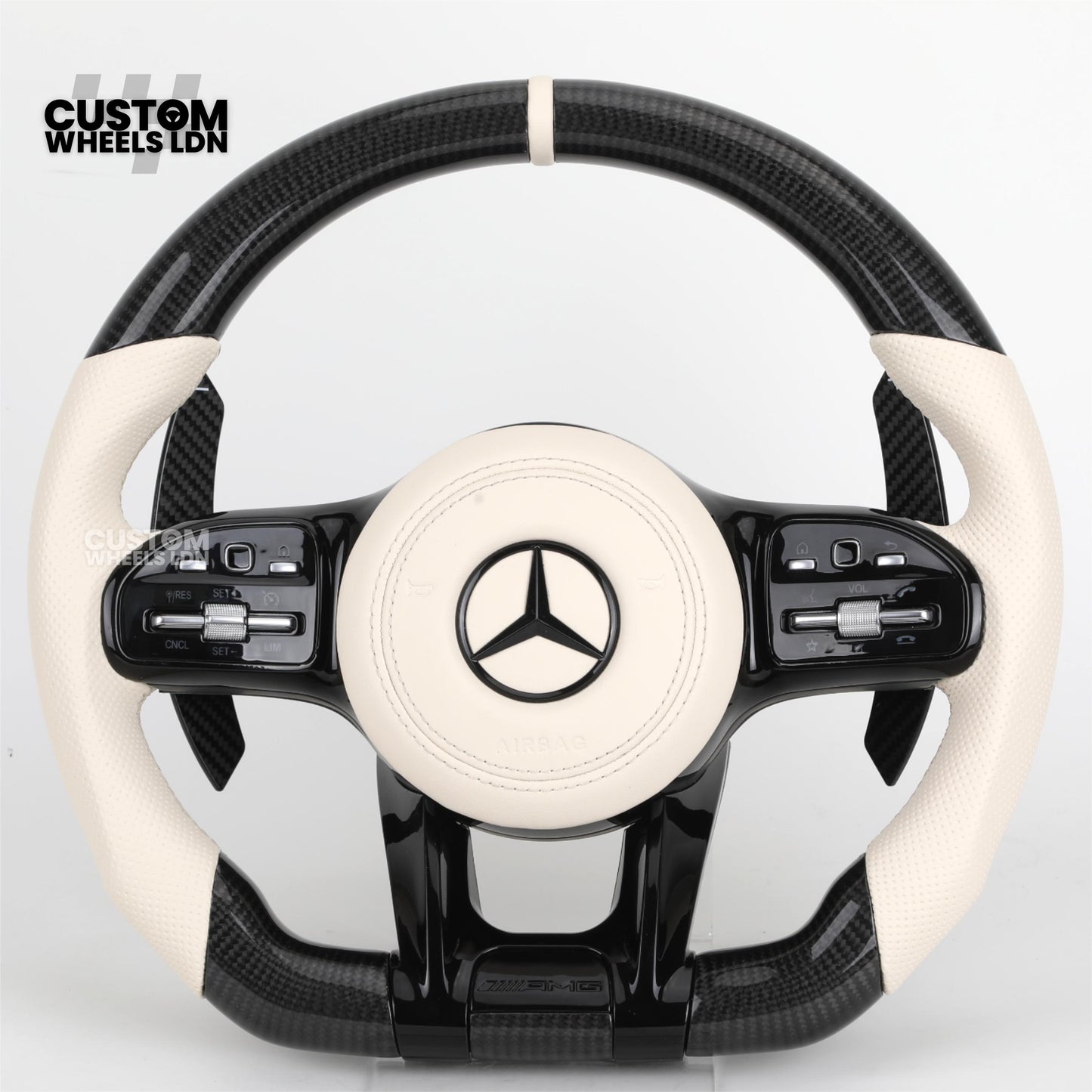 Mercedes Custom Steering Wheel | Piano Black & Carbon Fibre with Cream Leather & Beige Stripe | AMG Style | Complete Retrofit | Fits W205 W204 W212 W213 W218 + more