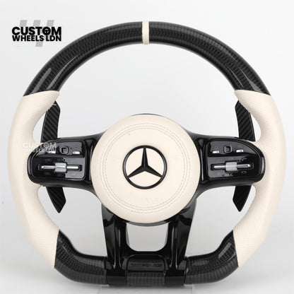 Mercedes Custom Steering Wheel | Piano Black & Carbon Fibre with Cream Leather & Beige Stripe | AMG Style | Complete Retrofit | Fits W205 W204 W212 W213 W218 + more