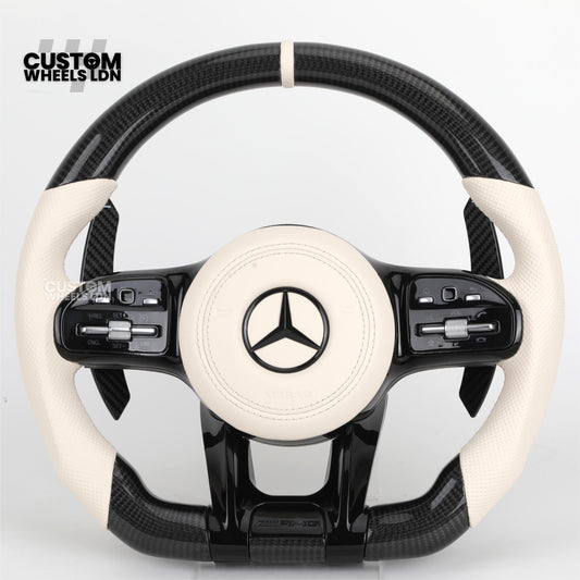 Mercedes Custom Steering Wheel | Piano Black & Carbon Fibre with Cream Leather & Beige Stripe | AMG Style | Complete Retrofit | Fits W205 W204 W212 W213 W218 + more