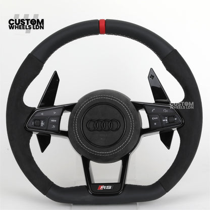 Audi Custom R8-Style Flat Bottom Steering Wheel – Alcantara Grip, Red Centre Stripe, White Stitching, Gloss Black Paddles | Fits A4, A5, S5, A6, A7, S6, S7, Q5, SQ5 + more | Plug & Play | With Airbag | Upgrade for Older Models Available
