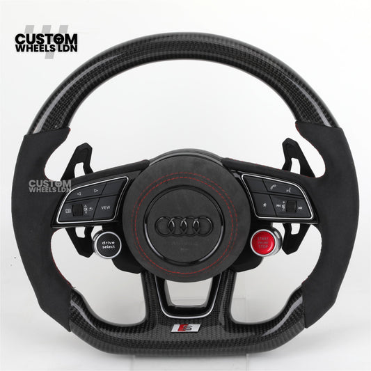 Audi Custom B9 Flat Bottom Steering Wheel – Alcantara Grip, Carbon Top & Bottom, Red Stitching, Black Paddles, Start Button | Fits A4, S4, A5, S5, Q5, SQ5, A6, A7, S6, S7 + more | Plug & Play | With Airbag | Upgrade for Older Models Available