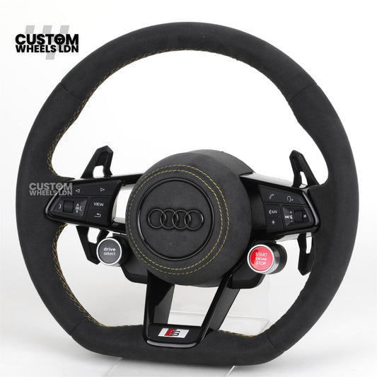 Audi Custom R8-Style Flat Bottom Steering Wheel – Alcantara Grip, Yellow Stitching, Black Paddles, Start Button | Fits A4, A5, S5, A6, A7, S6, S7, Q5, SQ5 + more | Plug & Play | With Airbag | Upgrade for Older Models Available
