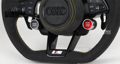 Audi Custom R8-Style Flat Bottom Steering Wheel – Alcantara Grip, Yellow Stitching, Black Paddles, Start Button | Fits A4, A5, S5, A6, A7, S6, S7, Q5, SQ5 + more | Plug & Play | With Airbag | Upgrade for Older Models Available