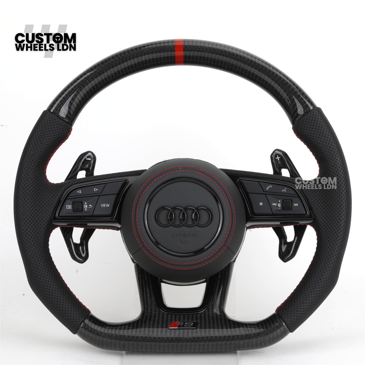Audi Custom B9 Flat Bottom Steering Wheel – Carbon Top & Bottom, Red Centre Stripe, Red Stitching, Carbon Paddles, RS Badge | Fits A3, S3, RS3, A4, S4, A5, S5, Q5, SQ5 + more | Plug & Play | With Airbag | Upgrade for Older Models Available