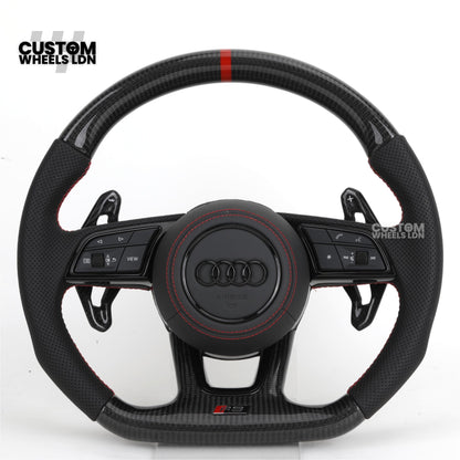 Audi Custom B9 Flat Bottom Steering Wheel – Carbon Top & Bottom, Red Centre Stripe, Red Stitching, Carbon Paddles, RS Badge | Fits A3, S3, RS3, A4, S4, A5, S5, Q5, SQ5 + more | Plug & Play | With Airbag | Upgrade for Older Models Available