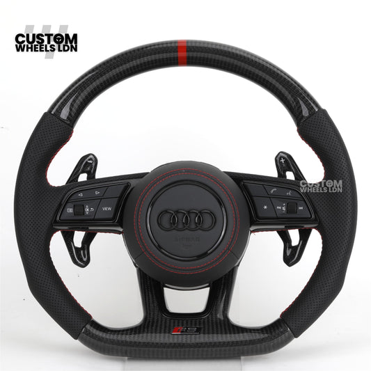 Audi Custom B9 Flat Bottom Steering Wheel – Carbon Top & Bottom, Red Centre Stripe, Red Stitching, Carbon Paddles, RS Badge | Fits A3, S3, RS3, A4, S4, A5, S5, Q5, SQ5 + more | Plug & Play | With Airbag | Upgrade for Older Models Available