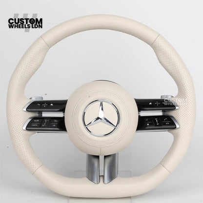 Mercedes Custom W223 Flat Bottom Steering Wheel – Beige Leather, Gloss Black Trim, Touch Control Buttons | Fits S-Class W223, GLE, GLS, E-Class W213 Facelift + more | Plug & Play | With Airbag | Retrofit Upgrade for Older Models Available