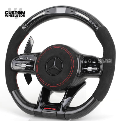Mercedes Custom AMG Flat Bottom Steering Wheel – Alcantara & Carbon Fibre, Red Stitching, LED Display, Black Trim, Touch Buttons, AMG Badge | Fits C-Class, E-Class, CLS, GLC, GLE, G-Class + more | Plug & Play | Retrofit Upgrade for Older Model available