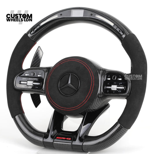 Mercedes Custom AMG Flat Bottom Steering Wheel – Alcantara & Carbon Fibre, Red Stitching, LED Display, Black Trim, Touch Buttons, AMG Badge | Fits C-Class, E-Class, CLS, GLC, GLE, G-Class + more | Plug & Play | Retrofit Upgrade for Older Model available