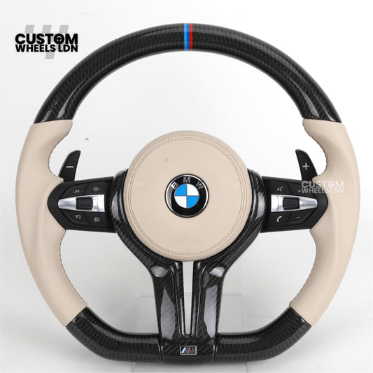 BMW Custom F-Series Carbon & Cream Leather Steering Wheel – M Stripe | Fits F20 F22 F30 F32 F36 M2 M3 M4 + more