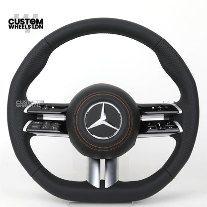 Mercedes Custom W223 Flat Bottom Steering Wheel – Black Leather, Tan Stitching, Silver Trim, Touch Control Buttons | Fits S-Class W223, GLE, GLS, E-Class W213 Facelift + more | Plug & Play | With Airbag | Retrofit Upgrade for Older Models Available