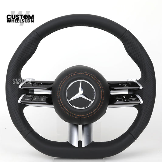 Mercedes Custom W223 Flat Bottom Steering Wheel – Black Leather, Tan Stitching, Silver Trim, Touch Control Buttons | Fits S-Class W223, GLE, GLS, E-Class W213 Facelift + more | Plug & Play | With Airbag | Retrofit Upgrade for Older Models Available