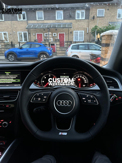 Audi Custom Flat Bottom Steering Wheel – Smooth Leather, Perforated Grips, OEM Short Paddles, Stock Buttons | Fits A3, A4, A5, S3, S4, Q3 + more | Plug & Play | With Airbag | Guaranteed Fit | Upgrade for Older Models Available