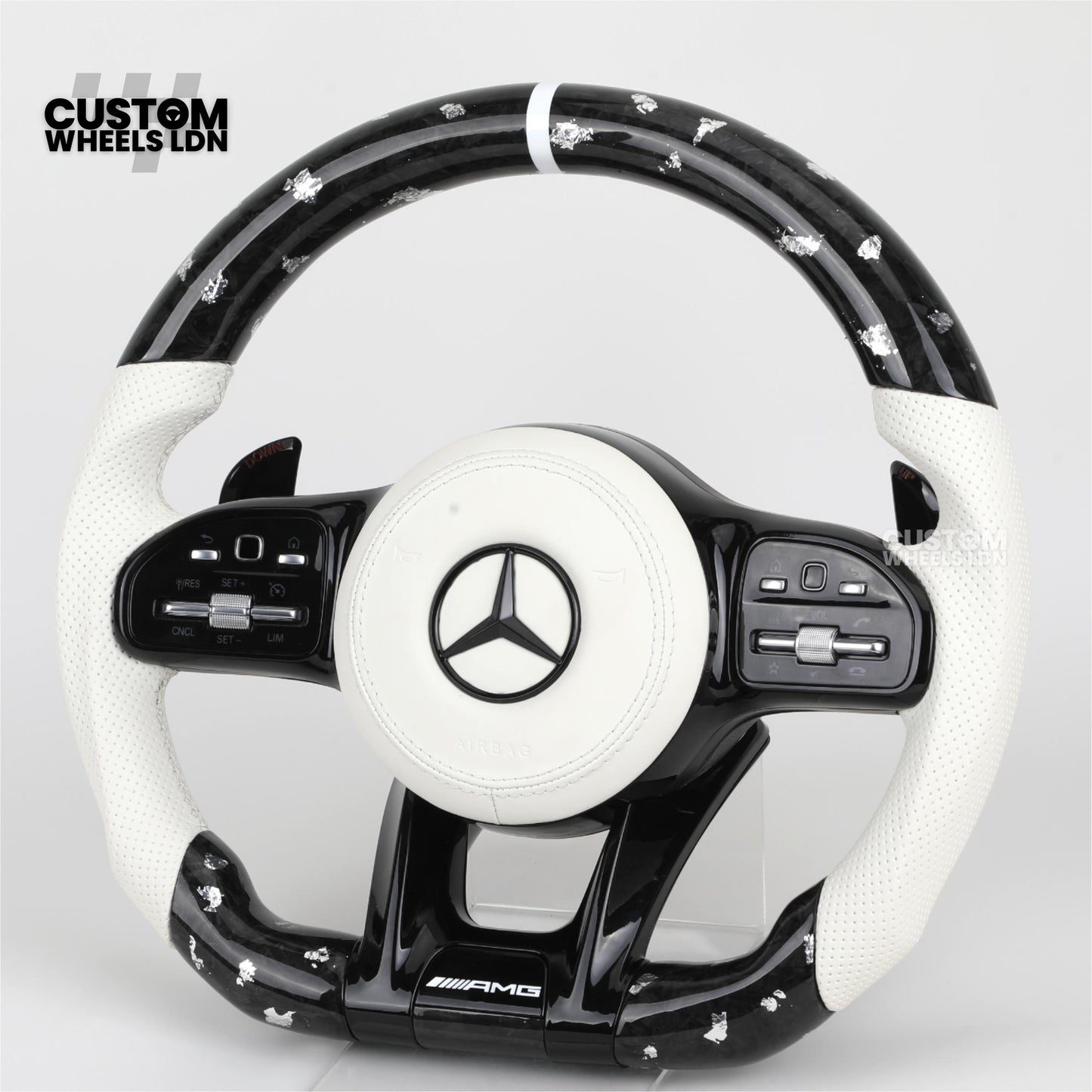 Mercedes Custom AMG Flat Bottom Steering Wheel – White Leather & White Flake Forged Carbon, White Stripe, Black Trim, Touch Control Buttons, AMG Badge | Fits C-Class, E-Class, CLS, GLC, GLE, G-Class + more | Plug & Play | Retrofit Upgrade for Older Models