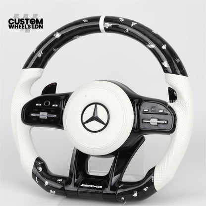 Mercedes Custom AMG Flat Bottom Steering Wheel – White Leather & White Flake Forged Carbon, White Stripe, Black Trim, Touch Control Buttons, AMG Badge | Fits C-Class, E-Class, CLS, GLC, GLE, G-Class + more | Plug & Play | Retrofit Upgrade for Older Models