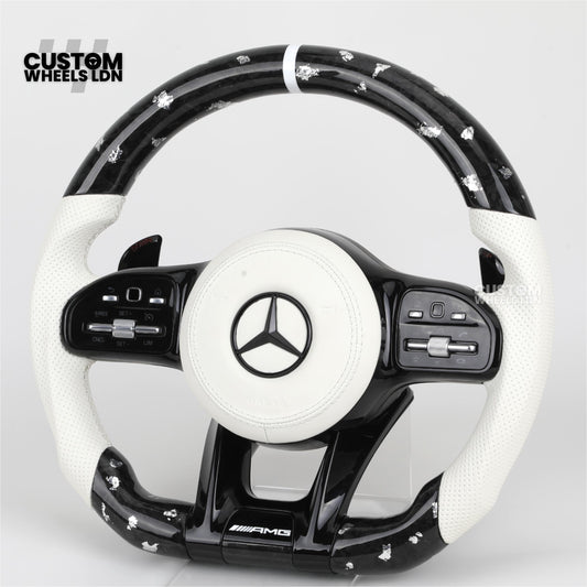 Mercedes Custom AMG Flat Bottom Steering Wheel – White Leather & White Flake Forged Carbon, White Stripe, Black Trim, Touch Control Buttons, AMG Badge | Fits C-Class, E-Class, CLS, GLC, GLE, G-Class + more | Plug & Play | Retrofit Upgrade for Older Models