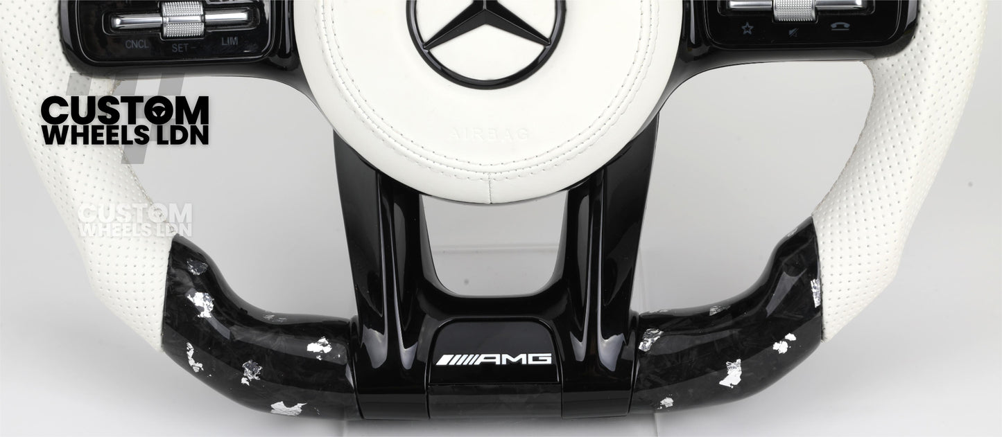 Mercedes Custom AMG Flat Bottom Steering Wheel – White Leather & White Flake Forged Carbon, White Stripe, Black Trim, Touch Control Buttons, AMG Badge | Fits C-Class, E-Class, CLS, GLC, GLE, G-Class + more | Plug & Play | Retrofit Upgrade for Older Models