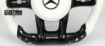 Mercedes Custom AMG Flat Bottom Steering Wheel – White Leather & White Flake Forged Carbon, White Stripe, Black Trim, Touch Control Buttons, AMG Badge | Fits C-Class, E-Class, CLS, GLC, GLE, G-Class + more | Plug & Play | Retrofit Upgrade for Older Models