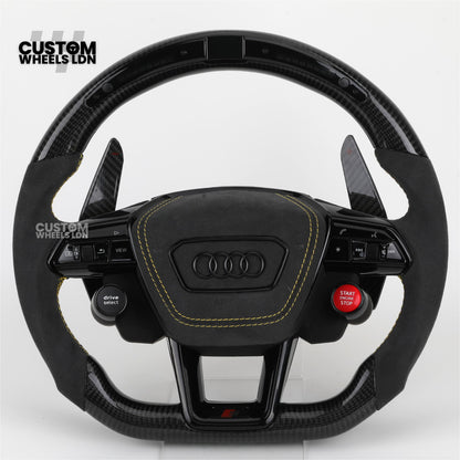 Audi Custom Q/RS Flat Bottom Steering Wheel – LED Rev Display, Alcantara Grip, Yellow Stitching, Carbon Paddles, Start Button | Fits Q3, Q5, SQ5, Q7, Q8, SQ8, RSQ8, A6, A7, S6, S7 + more | Plug & Play | With Airbag | Upgrade for Older Models Available