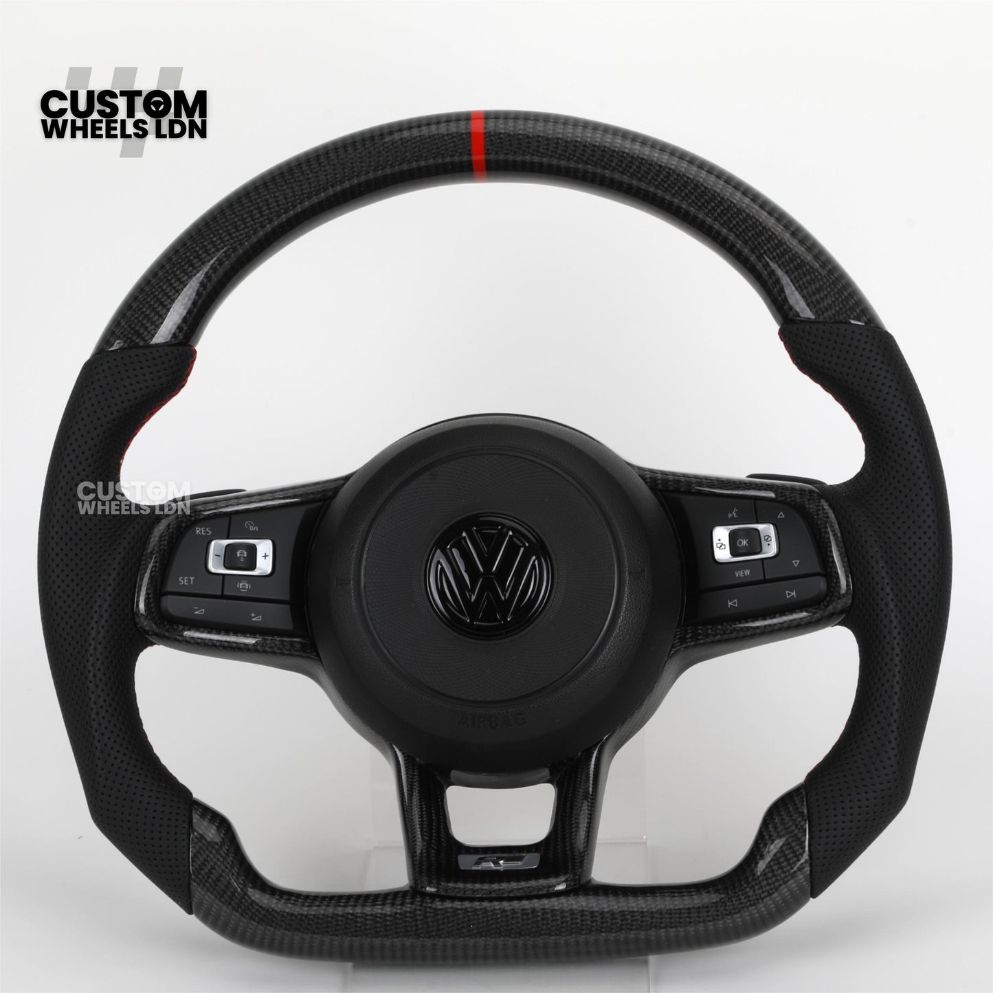 Volkswagen MK7 Custom Steering Wheel – Carbon Fibre with Red Centre Stripe, Perforated Leather Grips | Fits Golf GTI, R, Scirocco + more | Plug & Play