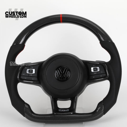 Volkswagen MK7 Custom Steering Wheel – Carbon Fibre with Red Centre Stripe, Perforated Leather Grips | Fits Golf GTI, R, Scirocco + more | Plug & Play