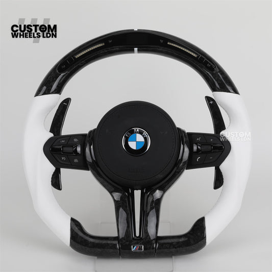 BMW Forged Carbon & White LED Steering Wheel | Paddle Shifters | M Badge | Flat Bottom | Plug & Play | Fits 1 2 3 4 5 Series (F & E Series) + more | Complete Wheel