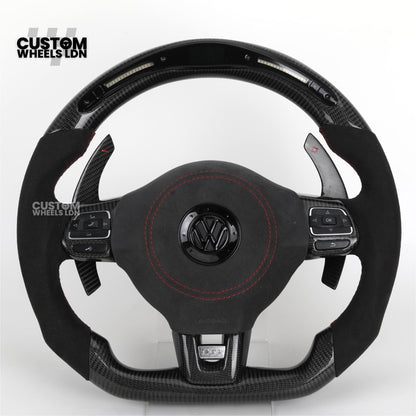 Volkswagen MK6 Custom Steering Wheel – LED Display | Alcantara & Carbon Fibre | Red Stitching | Paddle Shifters | Complete Steering Wheel | Plug & Play | Fits Golf GTI / R + more
