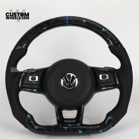 Volkswagen MK7 Custom Steering Wheel – Blue Forged Carbon with Blue Stitching & Stripe, Perforated Leather Grips | Fits Golf GTI, R, Scirocco + more | Plug & Play