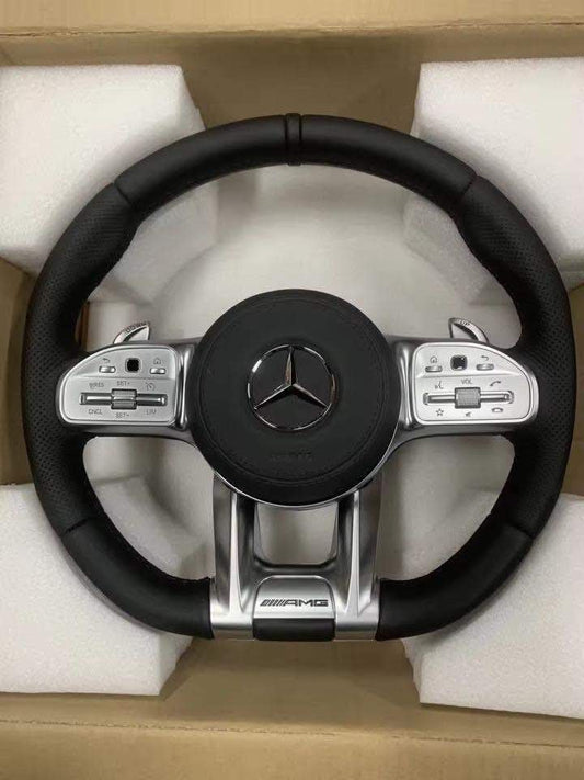 Mercedes Custom AMG Flat Bottom Steering Wheel – Black Leather, Smooth Grip Finish, Silver Trim, Touch Control Buttons, AMG Badge | Fits C-Class, E-Class, CLS, GLC, GLE, G-Class + more | Plug & Play | Retrofit Upgrade for Older Models