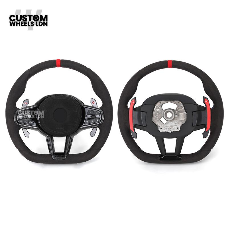 BMW Custom LCI-Style Flat Bottom Steering Wheel – Alcantara, Carbon Fibre Trims, M-Coloured Stitching, Red M Buttons, Carbon Paddles | Fits G80 M3, G82 M4, G20 3 Series, G22 4 Series, G30 5 Series + more | Plug & Play | Retrofit Upgrade for Older Models