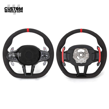 BMW Custom LCI-Style Flat Bottom Steering Wheel – Alcantara, Carbon Fibre Trims, M-Coloured Stitching, Red M Buttons, Carbon Paddles | Fits G80 M3, G82 M4, G20 3 Series, G22 4 Series, G30 5 Series + more | Plug & Play | Retrofit Upgrade for Older Models