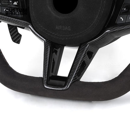 BMW Custom LCI-Style Flat Bottom Steering Wheel – Alcantara, Carbon Fibre Trims, M-Coloured Stitching, Red M Buttons, Carbon Paddles | Fits G80 M3, G82 M4, G20 3 Series, G22 4 Series, G30 5 Series + more | Plug & Play | Retrofit Upgrade for Older Models