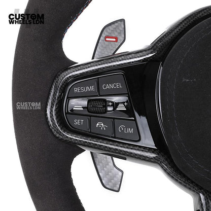 BMW Custom LCI-Style Flat Bottom Steering Wheel – Alcantara, Carbon Fibre Trims, M-Coloured Stitching, Red M Buttons, Carbon Paddles | Fits G80 M3, G82 M4, G20 3 Series, G22 4 Series, G30 5 Series + more | Plug & Play | Retrofit Upgrade for Older Models