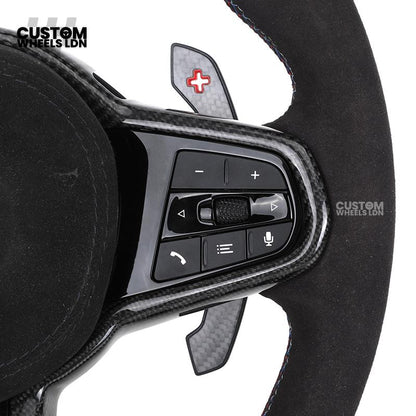 BMW Custom LCI-Style Flat Bottom Steering Wheel – Alcantara, Carbon Fibre Trims, M-Coloured Stitching, Red M Buttons, Carbon Paddles | Fits G80 M3, G82 M4, G20 3 Series, G22 4 Series, G30 5 Series + more | Plug & Play | Retrofit Upgrade for Older Models