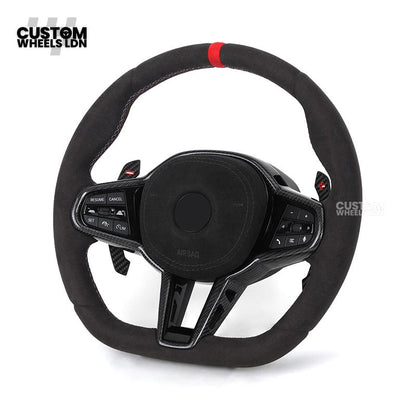 BMW Custom LCI-Style Flat Bottom Steering Wheel – Alcantara, Carbon Fibre Trims, M-Coloured Stitching, Red M Buttons, Carbon Paddles | Fits G80 M3, G82 M4, G20 3 Series, G22 4 Series, G30 5 Series + more | Plug & Play | Retrofit Upgrade for Older Models