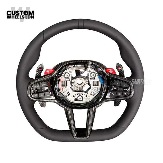 BMW Custom LCI-Style Flat Bottom Steering Wheel – Smooth Leather Grip, Gloss Carbon Fibre Trims, Red M Buttons, Carbon Paddles | Fits G80 M3, G82 M4, G20 3 Series, G22 4 Series, G30 5 Series, G15 8 Series + more | Plug & Play | Retrofit Upgrade for Older