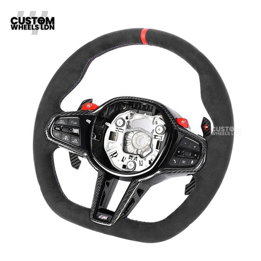 BMW Custom LCI-Style Flat Bottom Steering Wheel – Alcantara, Carbon Fibre Trims, M-Coloured Stitching, Red M Buttons, Carbon Paddles | Fits G80 M3, G82 M4, G20 3 Series, G22 4 Series, G30 5 Series + more | Plug & Play | Retrofit Upgrade for Older Models