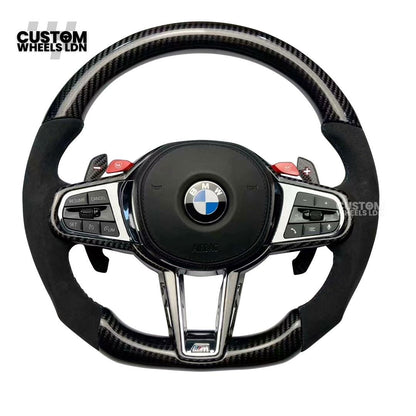 BMW Custom LCI-Style Flat Bottom Steering Wheel – Perforated Leather & Gloss Carbon Trim, Red M Buttons, Carbon Paddles, M Badge | Fits G80 M3, G82 M4, G20 3 Series, G22 4 Series, G30 5 Series + more | Plug & Play | Retrofit Upgrade for Older Models