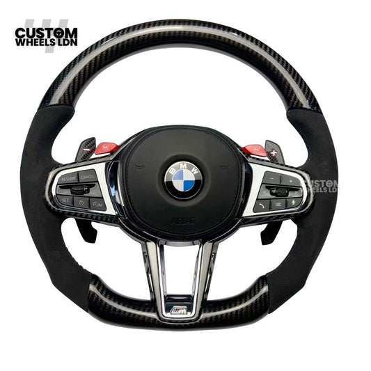 BMW Custom LCI-Style Flat Bottom Steering Wheel – Perforated Leather & Gloss Carbon Trim, Red M Buttons, Carbon Paddles, M Badge | Fits G80 M3, G82 M4, G20 3 Series, G22 4 Series, G30 5 Series + more | Plug & Play | Retrofit Upgrade for Older Models